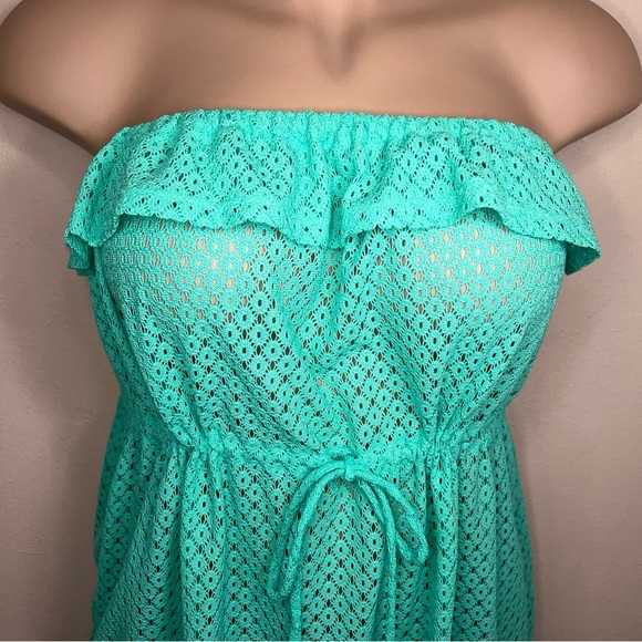 Juniors XL OP Teal Green Lace Strapless Dress Ruffle Swim Cover Vacation Beach - Picture 11 of 15